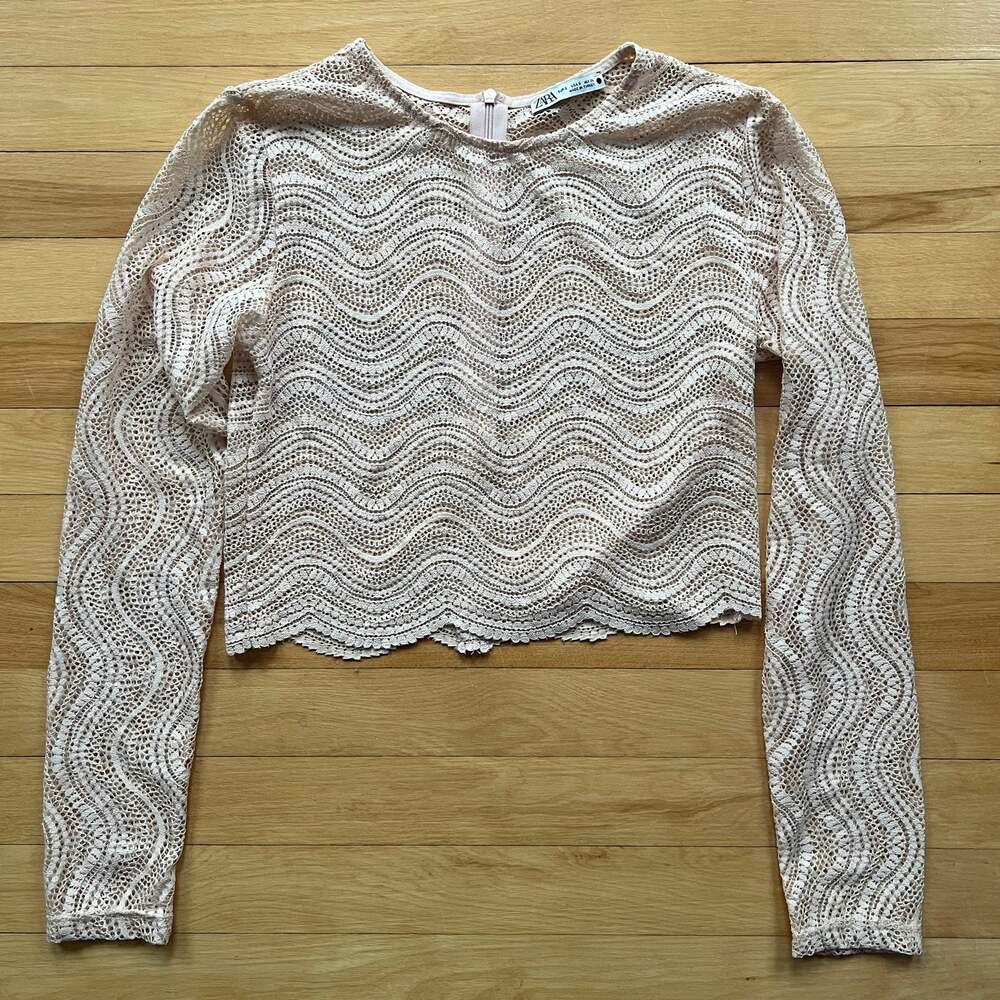 Zara Lace Sheer Crop Top Womens Small Beige Long Sleeve Scalloped Hem Zip NWOT